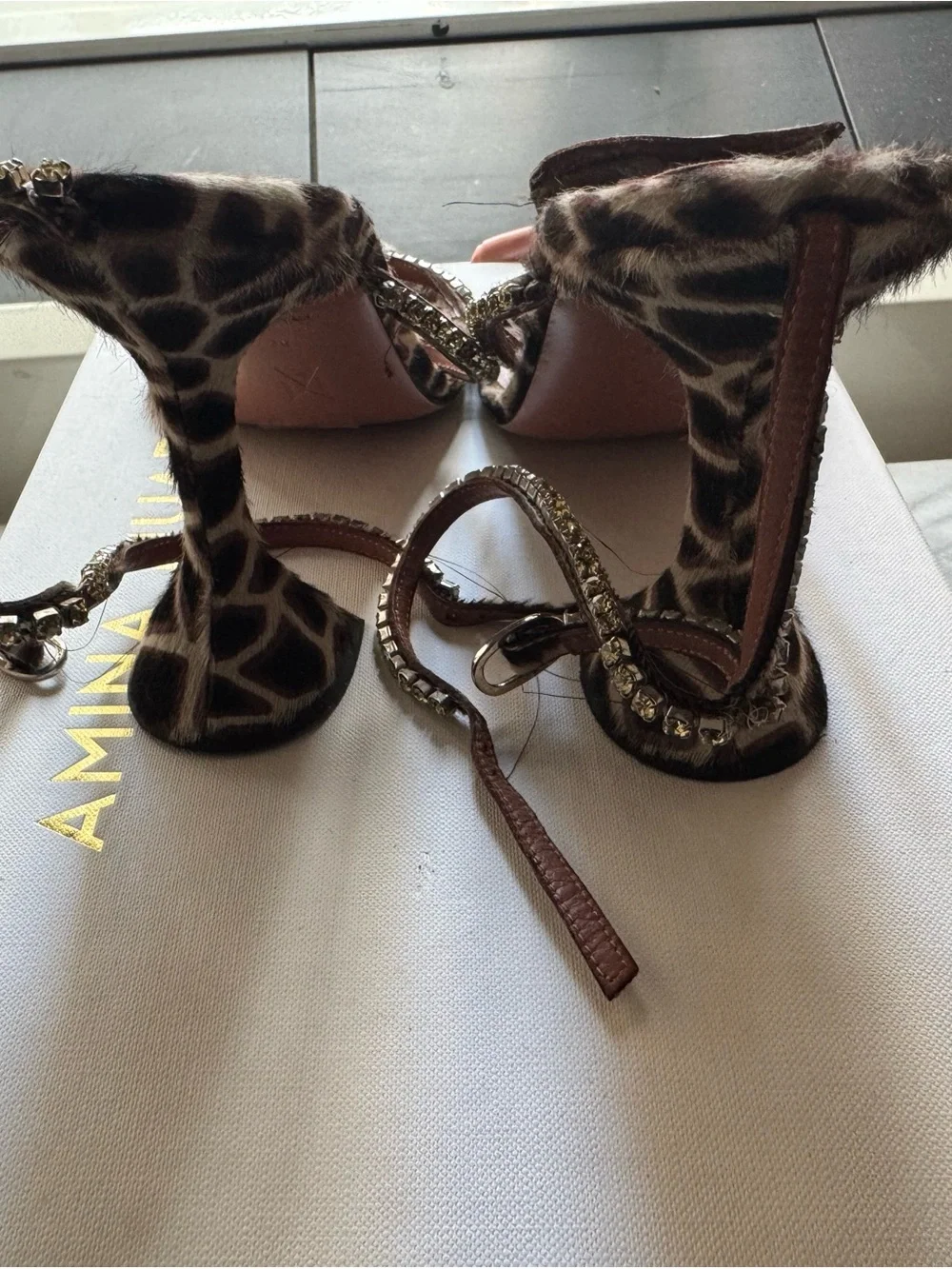 Amina Muaddi Giraffe-Print Crystal Strap Heels in Black & White Size 8